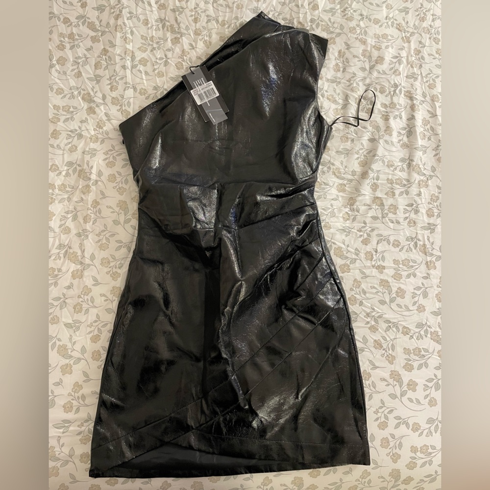 Lioness Black One-Shoulder Faux Leather Mini Dress